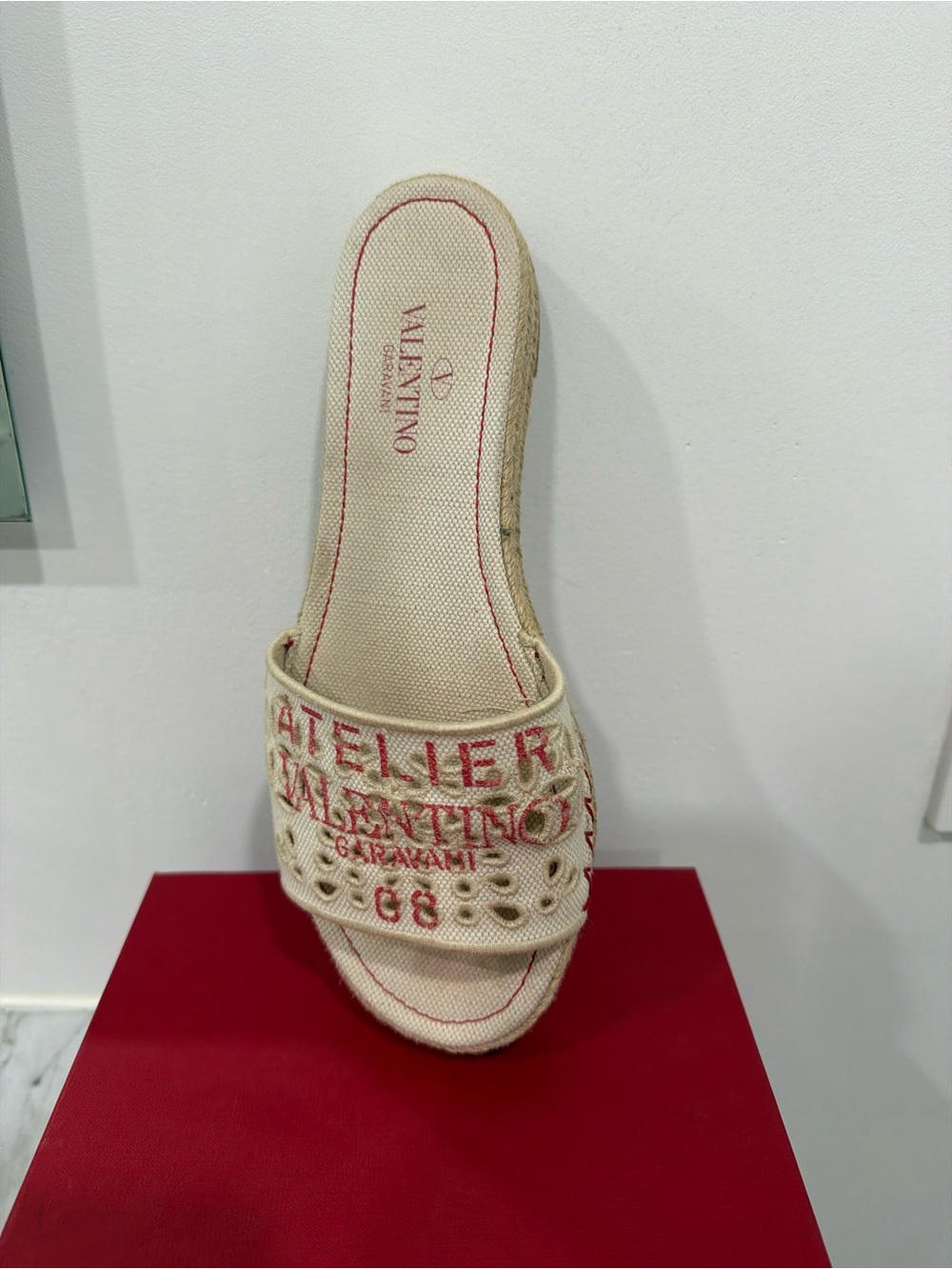 Valentino Beige Canvas Slide with Red Embroidery